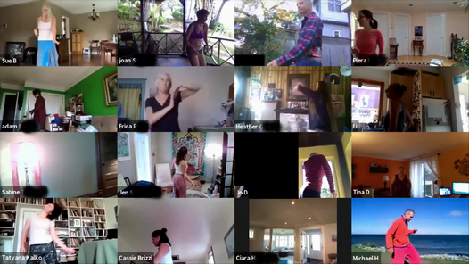 a Zoom gallery view representing ten differnt people moving and dancing in their own spaces